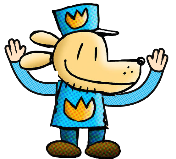 Dog Man cheering with his arms up