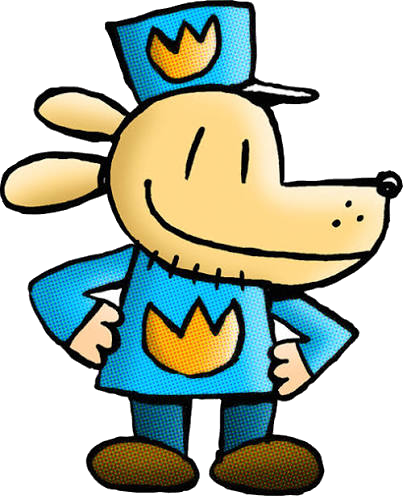 Dog Man in his police hat, hands on hips